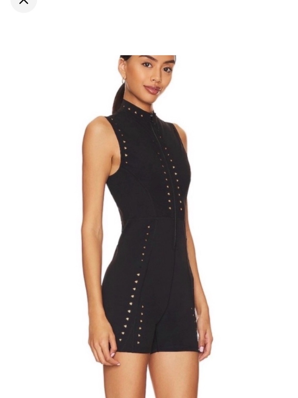 Sleeveless Black Stud-Trim Zip Front Playsuit